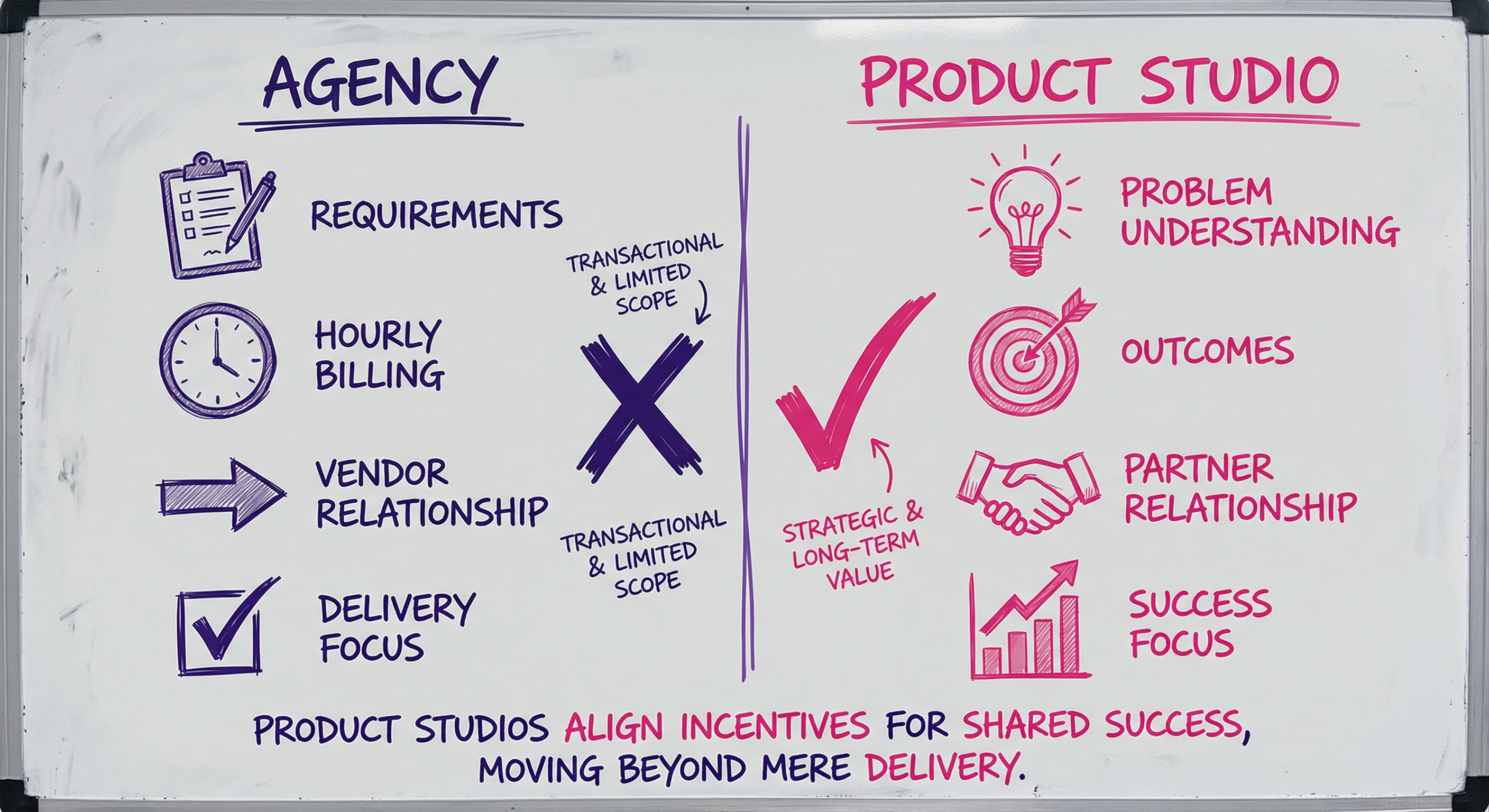 Agency vs Product Studio: Perbedaan fundamental terletak pada apa yang diukur—penyelesaian delivery vs. outcome produk yang sebenarnya.