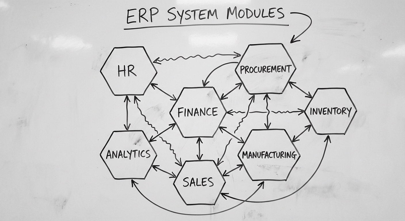 ERP module map showing core business process integrations