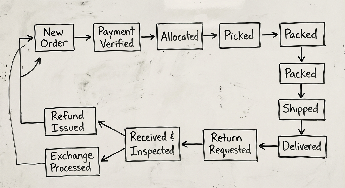 Order lifecycle from placement through fulfilment to delivery and returns