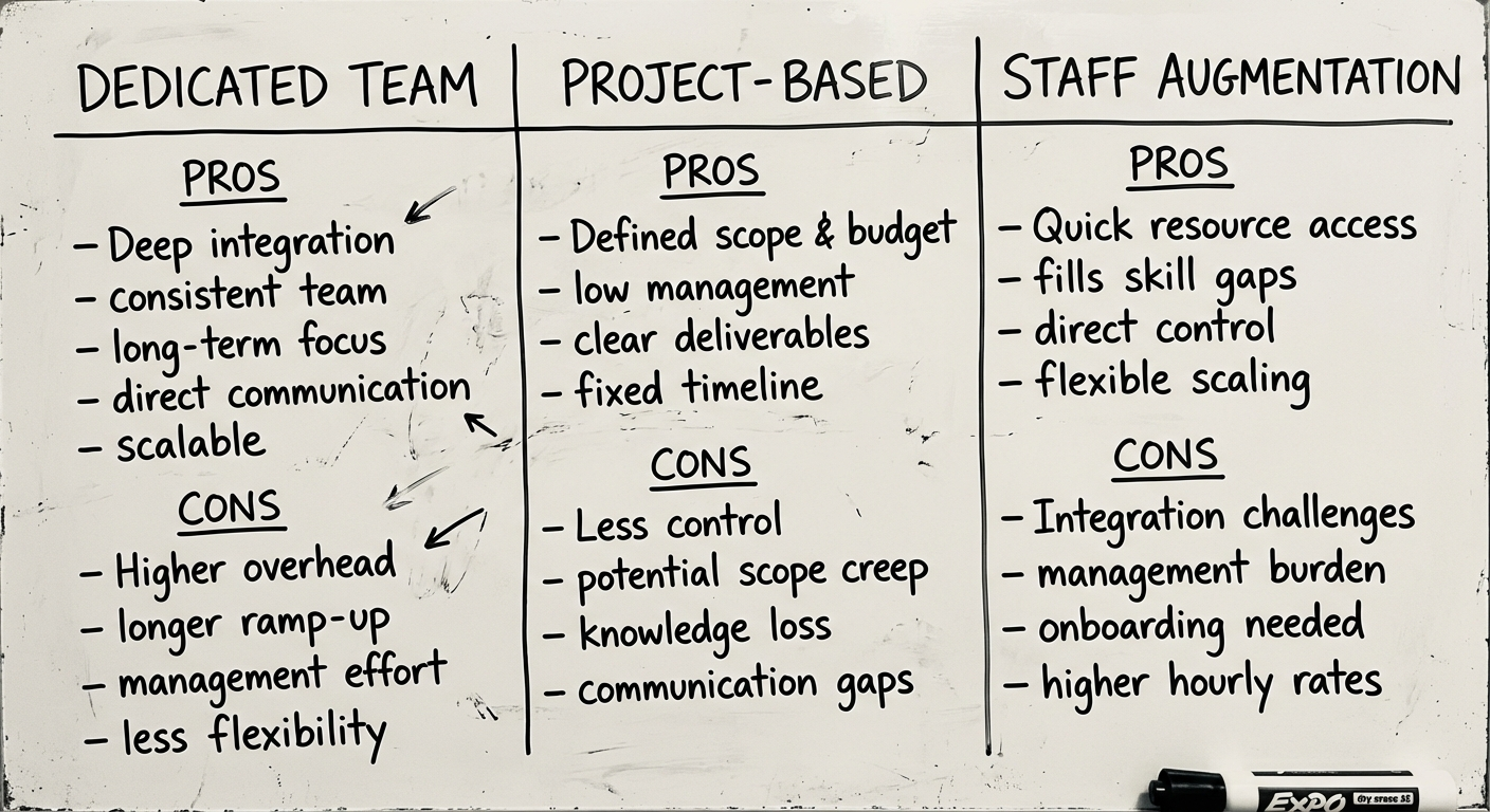 Comparison of software outsourcing models including staff augmentation, dedicated teams, and project-based engagement