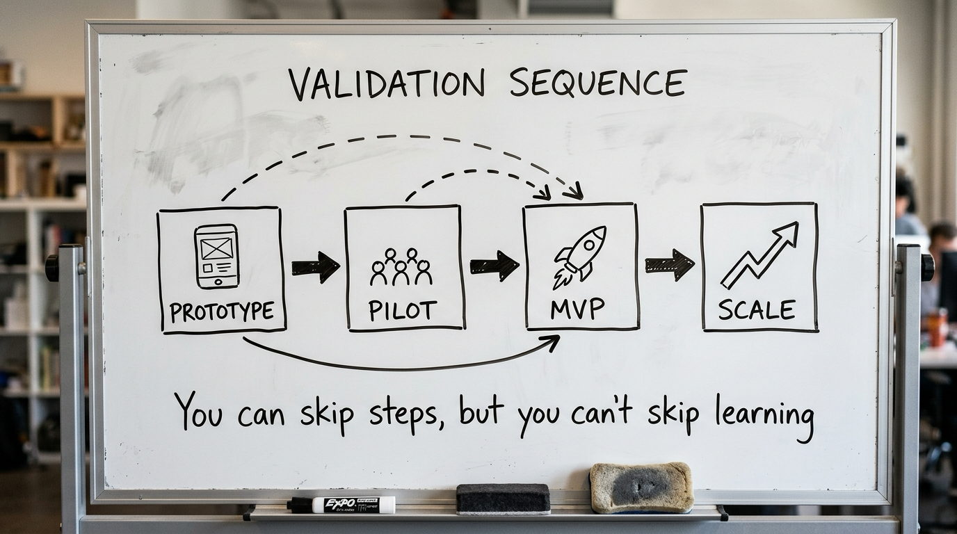 The validation sequence: from prototype to pilot to MVP to scale, with skip paths