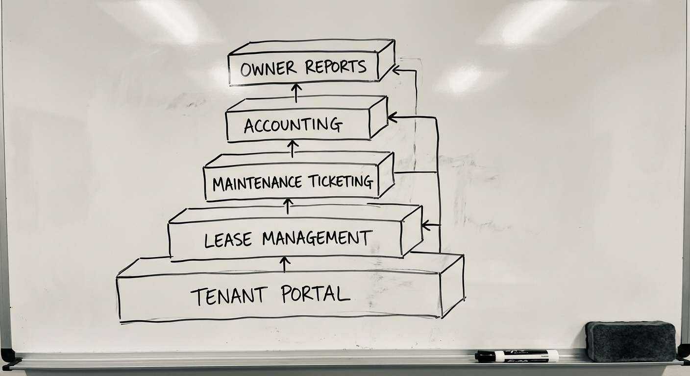 Core modules of a property management system including tenant management, lease tracking, and maintenance