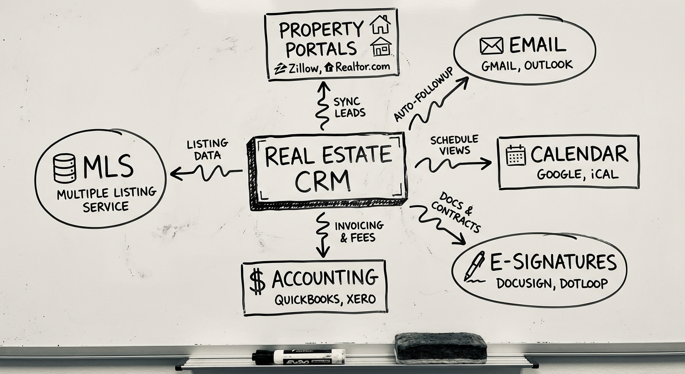 Real estate CRM integration map with property portals and tools