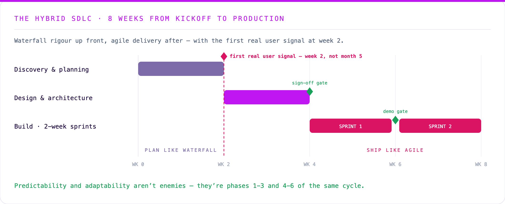 Synetica's 8-week hybrid SDLC plan: discovery, design, build, test, deploy, and growth with validation before production build