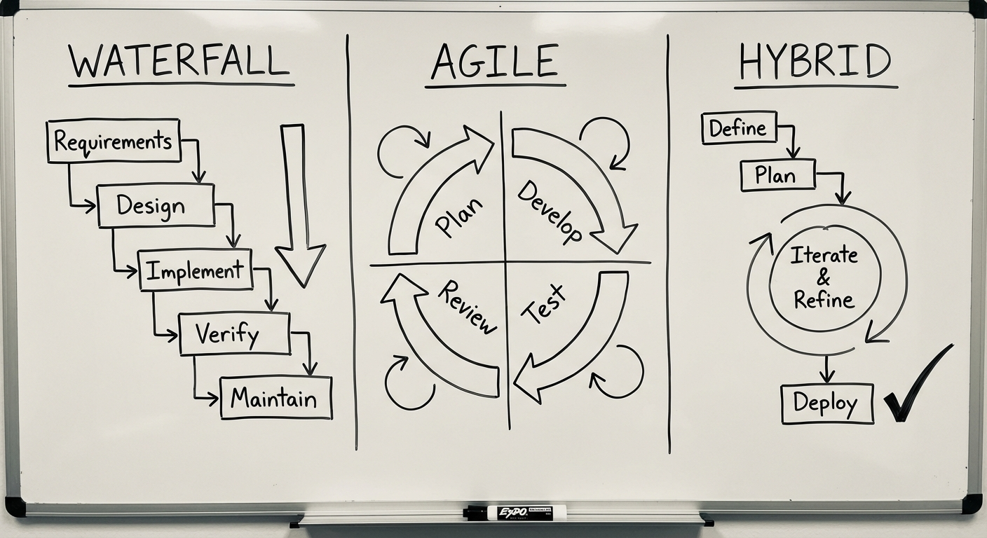 SDLC methodology comparison: waterfall, agile, and hybrid mapped by certainty, feedback speed, and governance needs