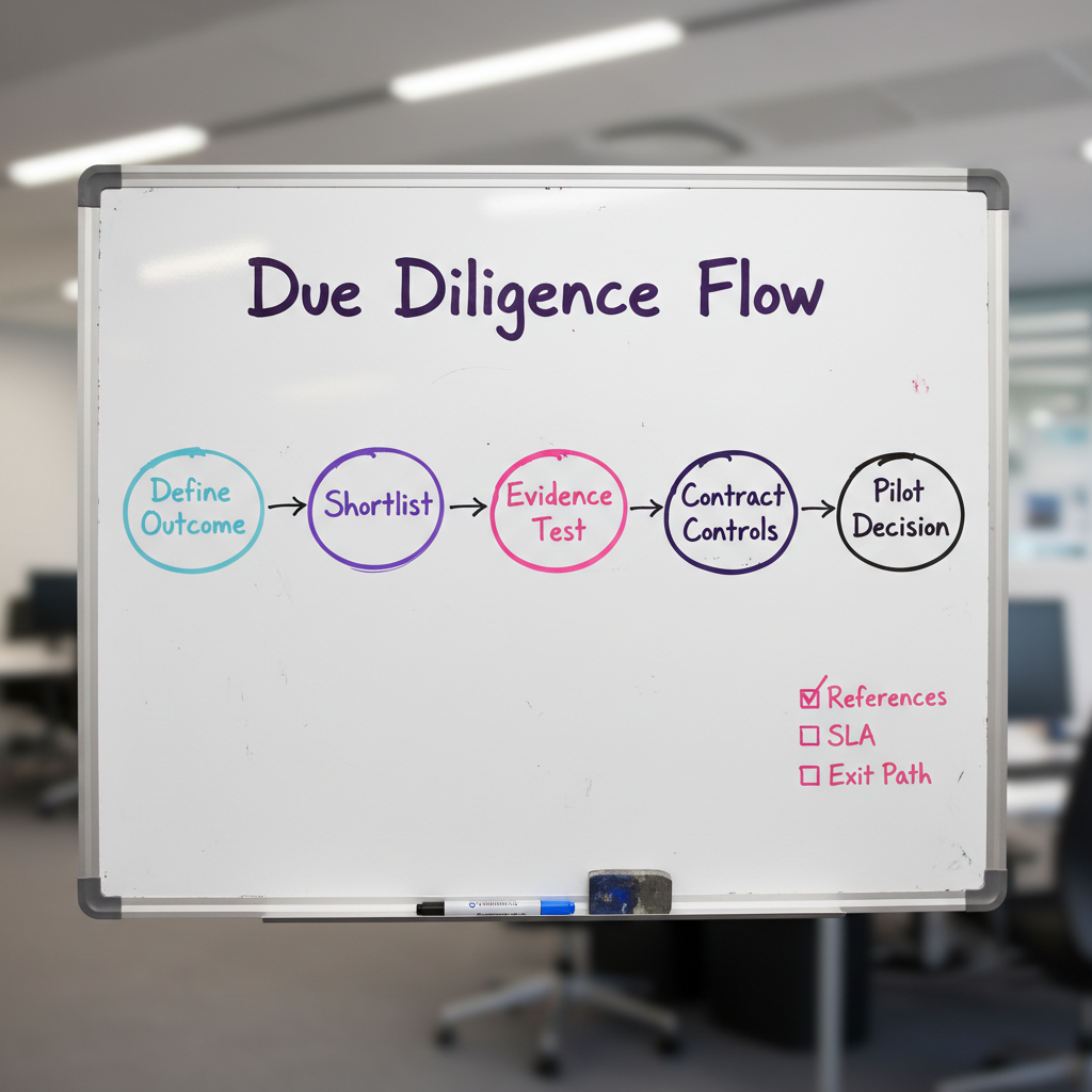 Due diligence process flow from outcome definition to shortlist, evidence test, contract negotiation, and pilot decision