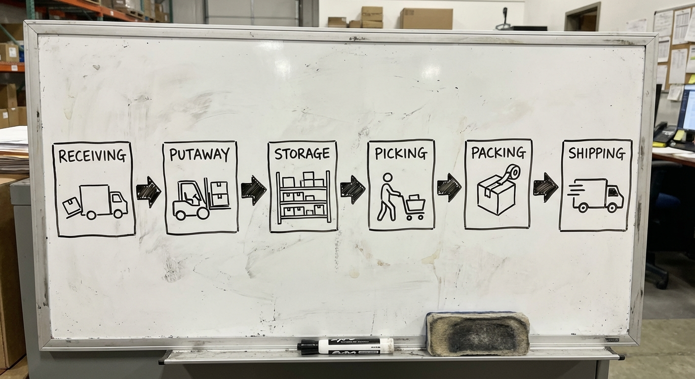 Warehouse management process flow from receiving to shipping